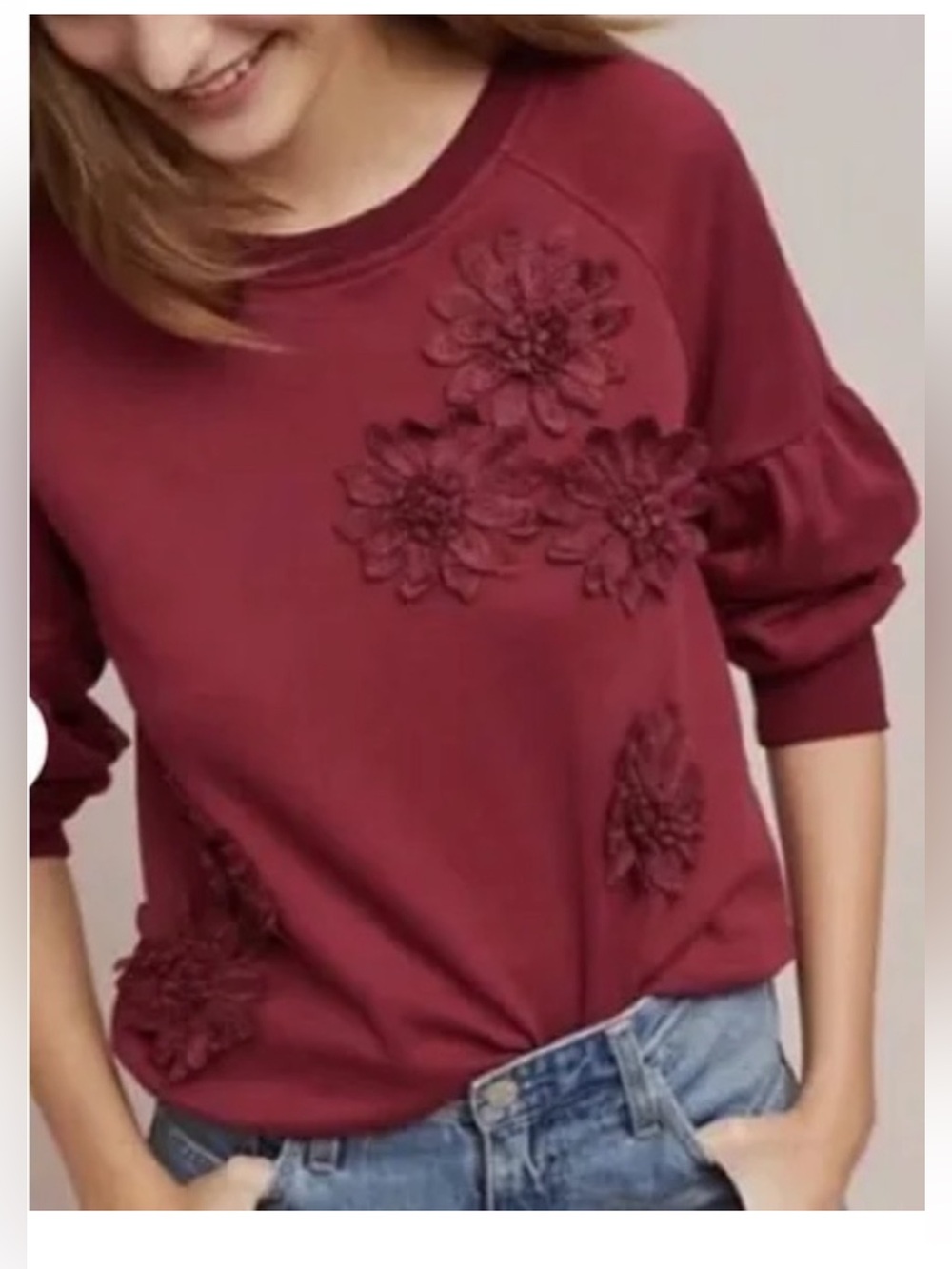 Anthropologie Blue Tassel Burgundy Floral-Appliqué Sweatshirt. NWT